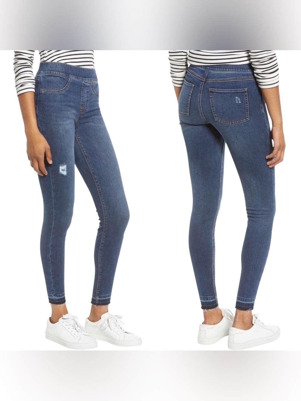 SPANX Women's Ankle Skinny Jeans Distressed Medium Wash Raw Released Hem EUC XL